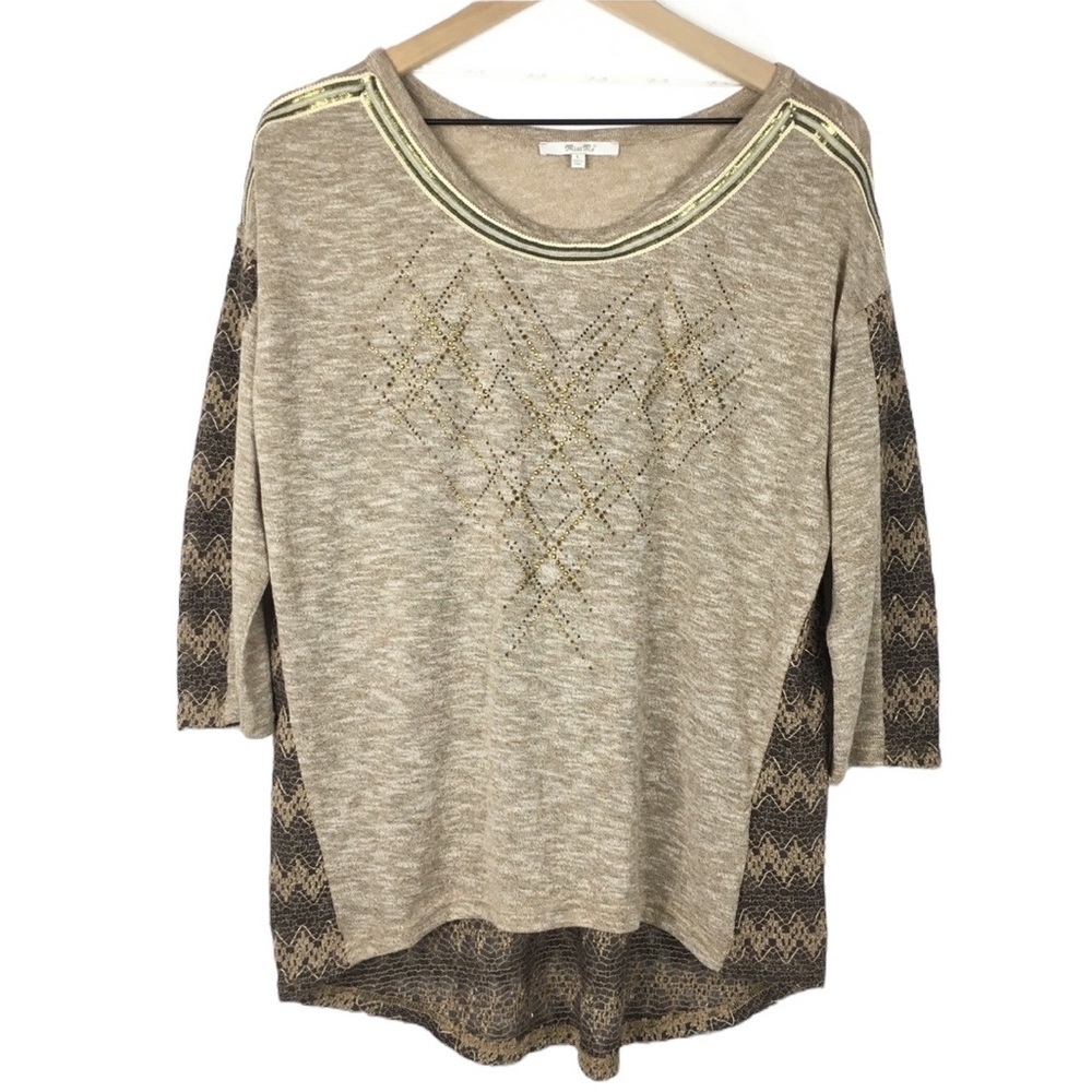 MISS ME Sweater Gold Hi Lo Chevron Metallic Slouchy Oversized Studs Size Large